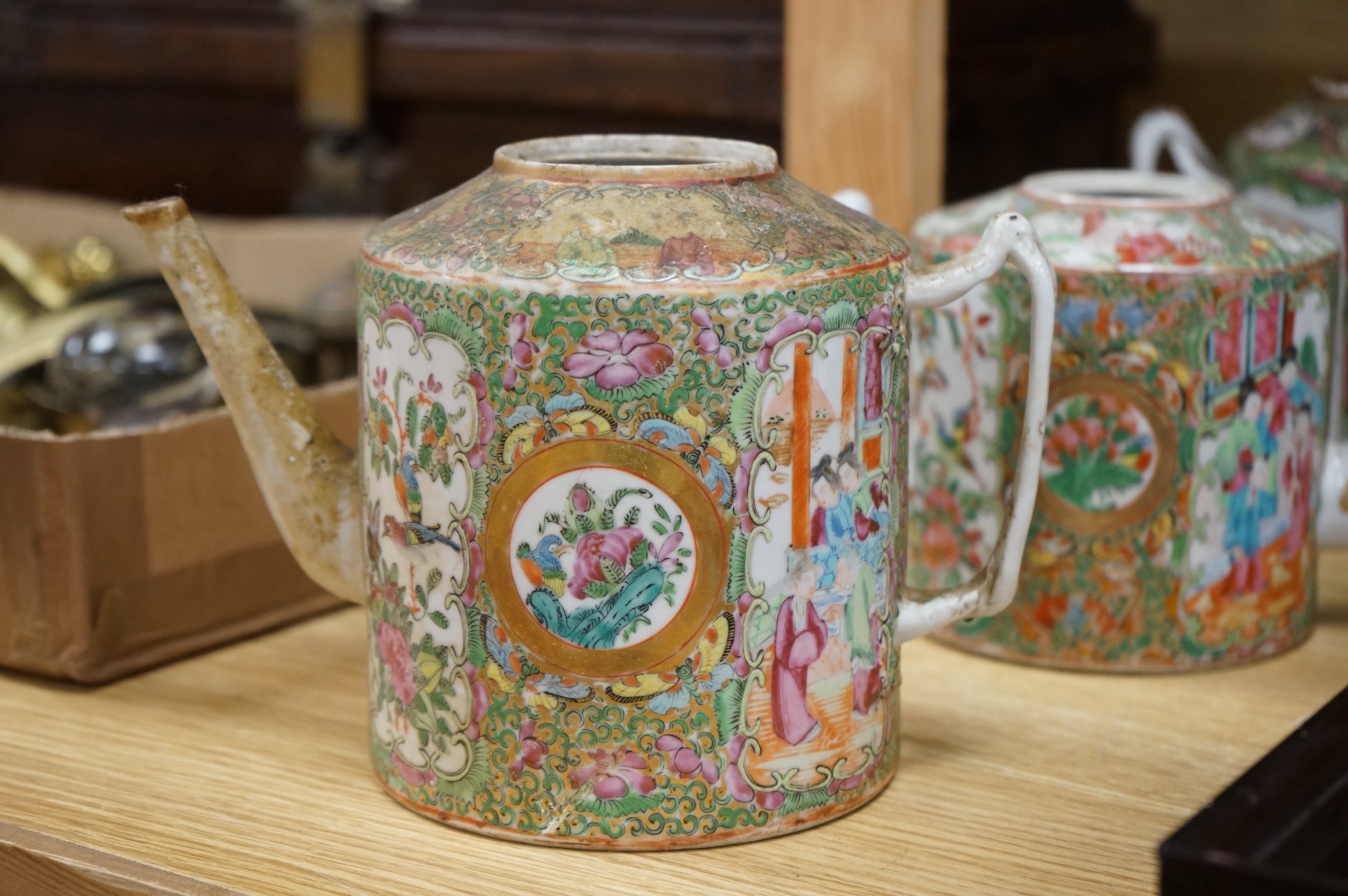 Three 19th century Chinese famille rose teapots, lacking covers largest 21cm wide